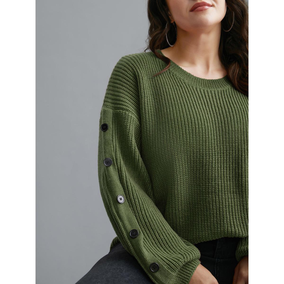 Plus Size Textured Drop Shoulder Button Detailing Pullover ArmyGreen Women Casual Loose Long Sleeve Round Neck Everyday Pullovers BloomChic 28/5X Product Image