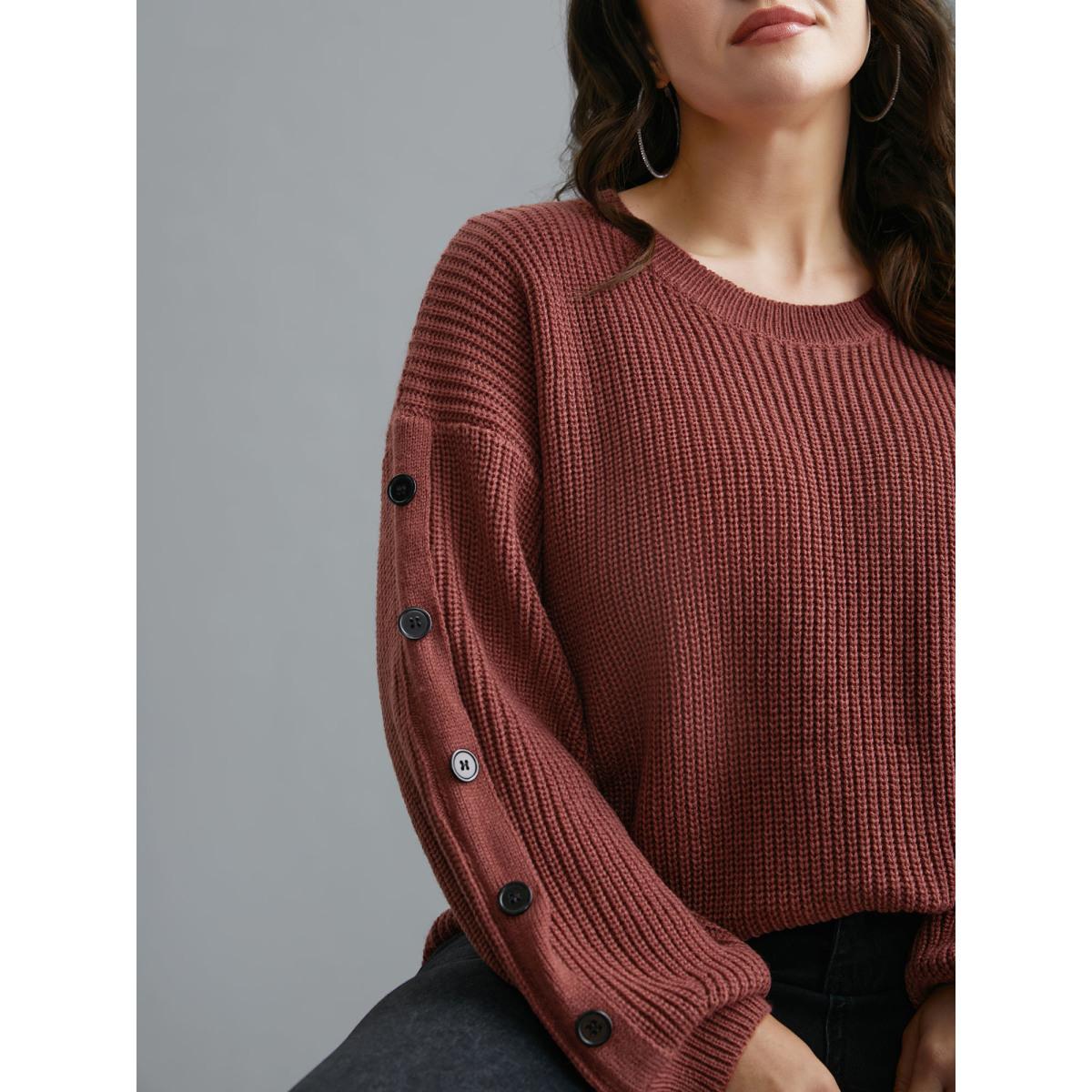 Plus Size Textured Drop Shoulder Button Detailing Pullover Russet Women Casual Loose Long Sleeve Round Neck Everyday Pullovers BloomChic 10/M Product Image