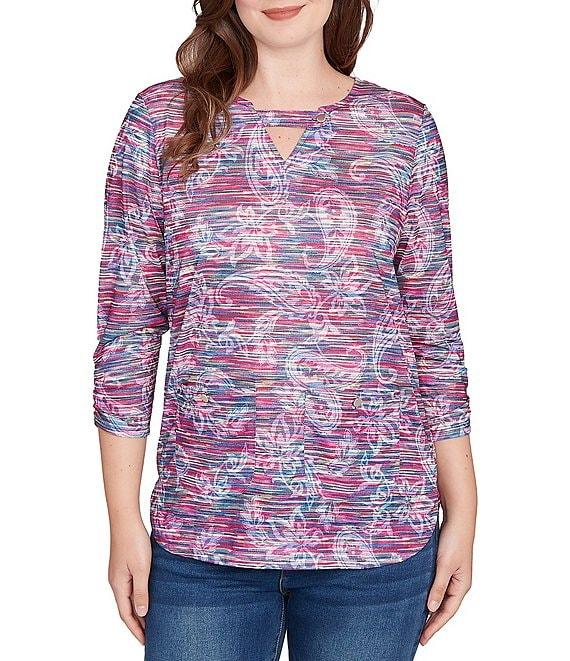 Ruby Rd. Slub Jersey Knit Paisley Keyhole Neck 3/4 Ruched Sleeve Top Product Image
