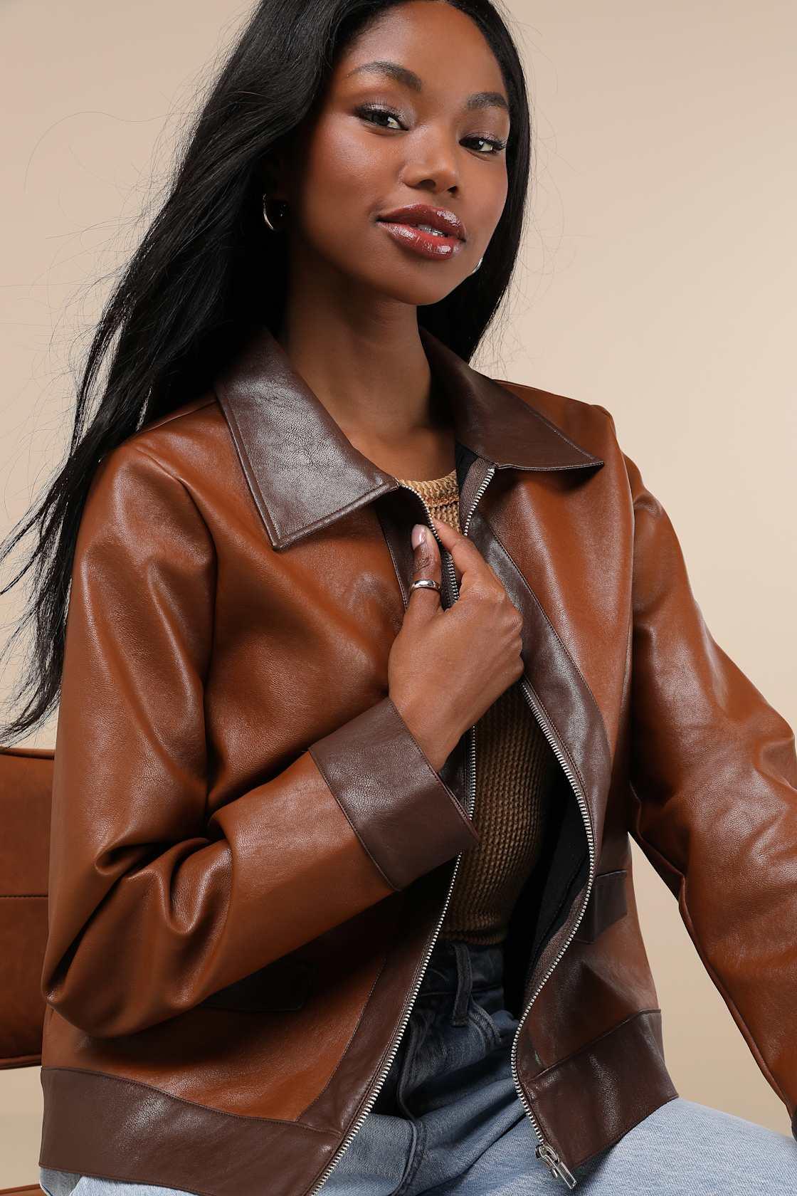 Immaculately Chic Brown Color Block Vegan Leather Moto Jacket Product Image
