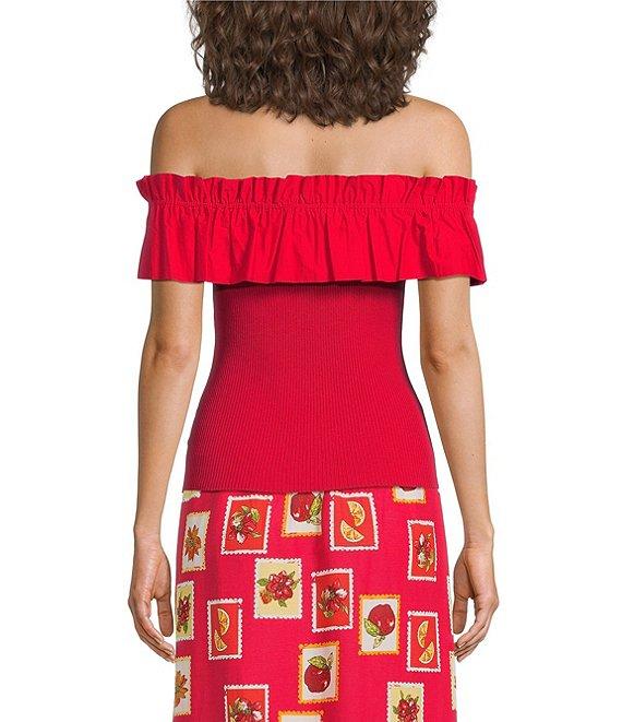 Skies Are Blue Mixed Media Off-The-Shoulder Ruffle Detail Top Product Image