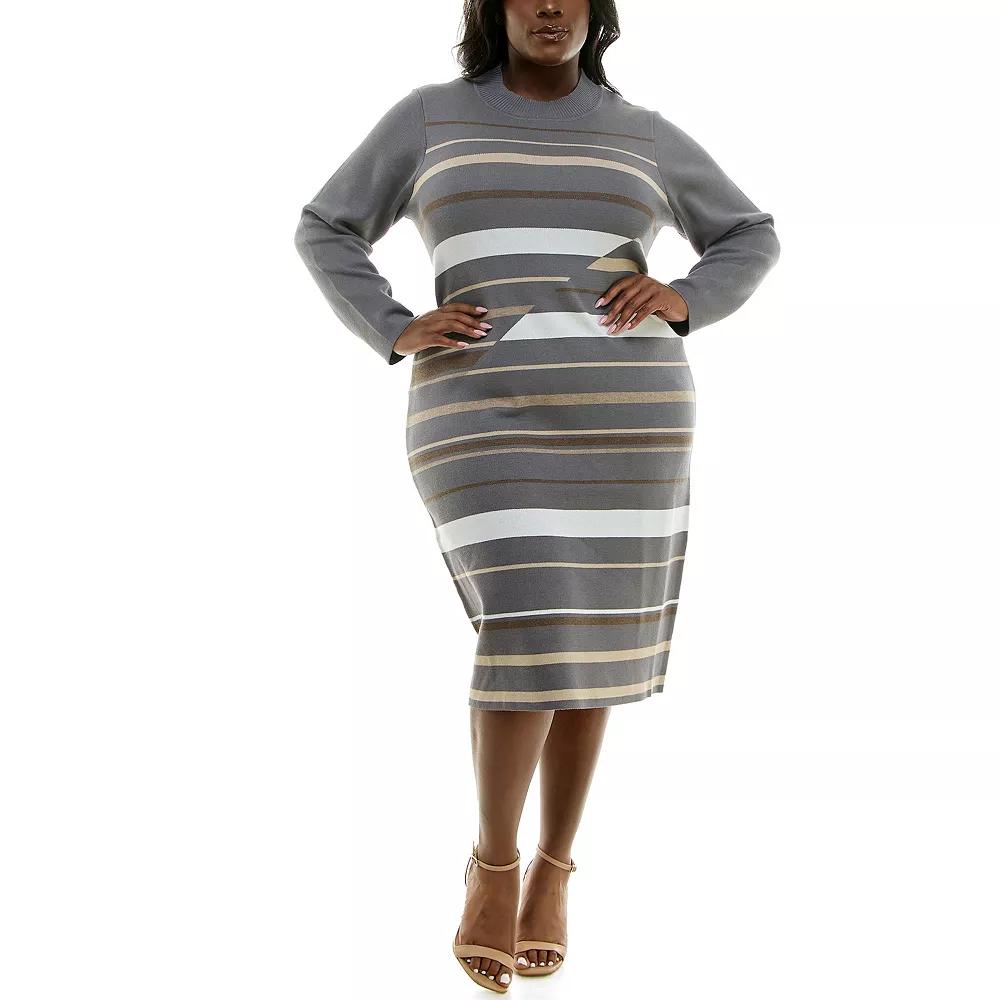 Plus Size Nina Leonard Long Sleeve Rib Knit Bodycon Dress, Women's, Size: 3XL, Grey Team Product Image