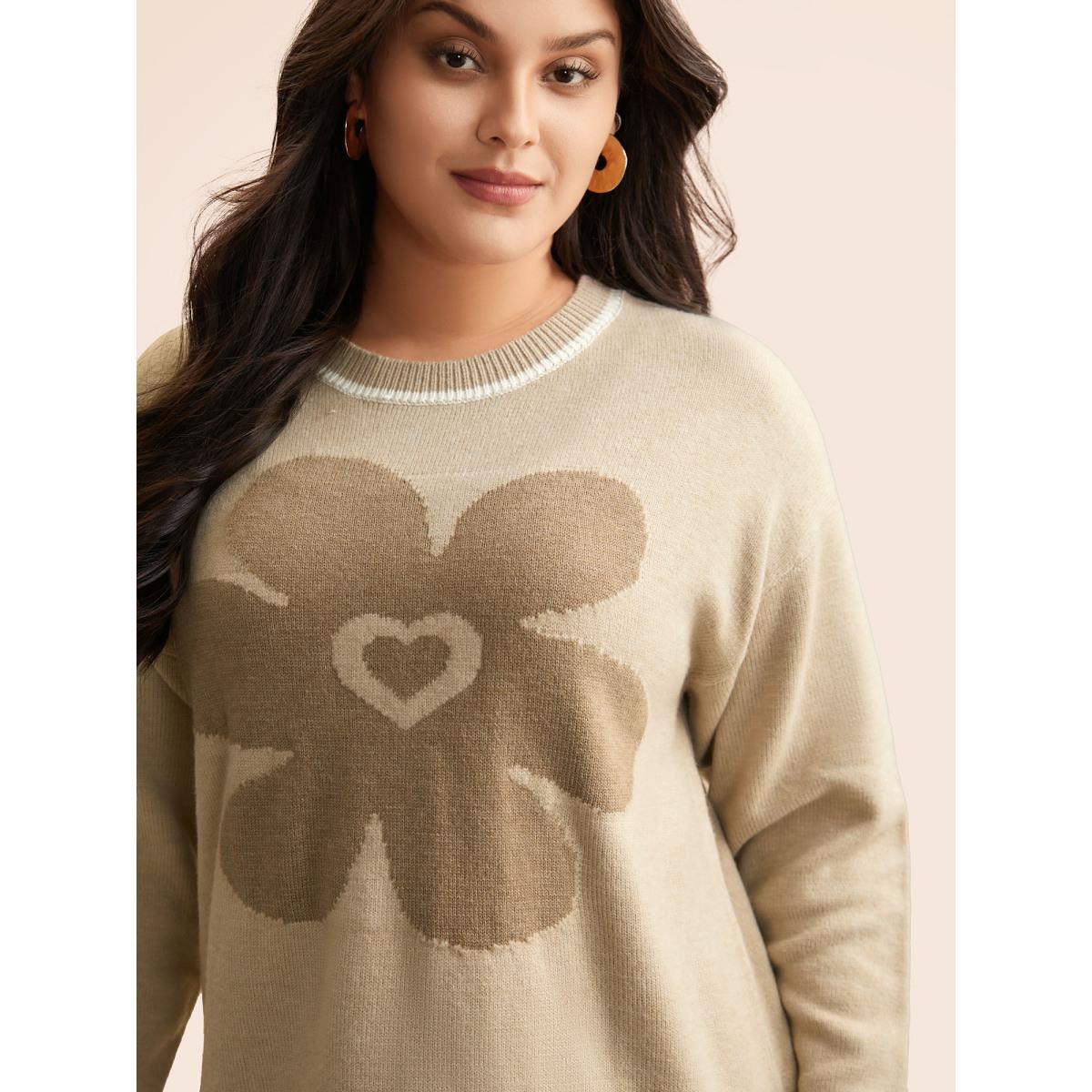 Plus Size Floral Jacquard Contrast Trim Slit Hem Pullover LightBrown Women Casual Long Sleeve Round Neck Everyday Pullovers BloomChic 18-20/2X Product Image