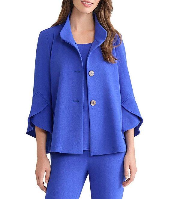 Ming Wang Deco Crepe Winged Collar Bell Sleeve Button Front Jacket Product Image