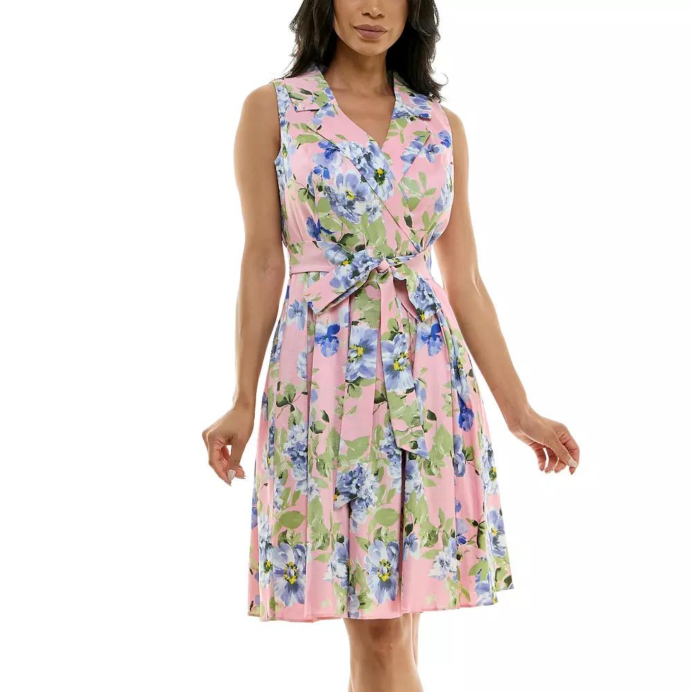 Women's Nina Leonard Floral Print Tie Waist Collared Sleeveless Fit & Flare Dress,  Product Image
