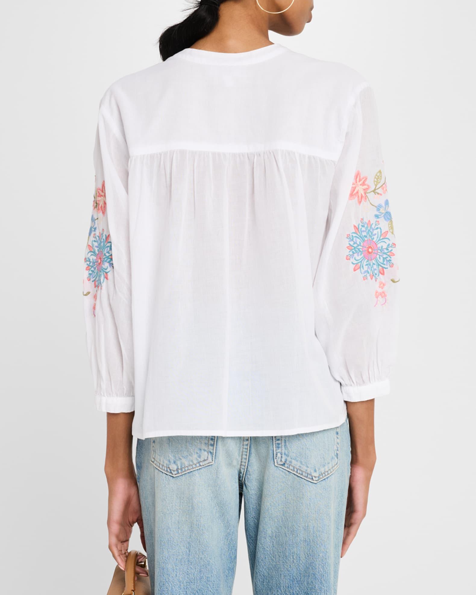 Shirred Floral-Embroidered Cotton Blouse Product Image