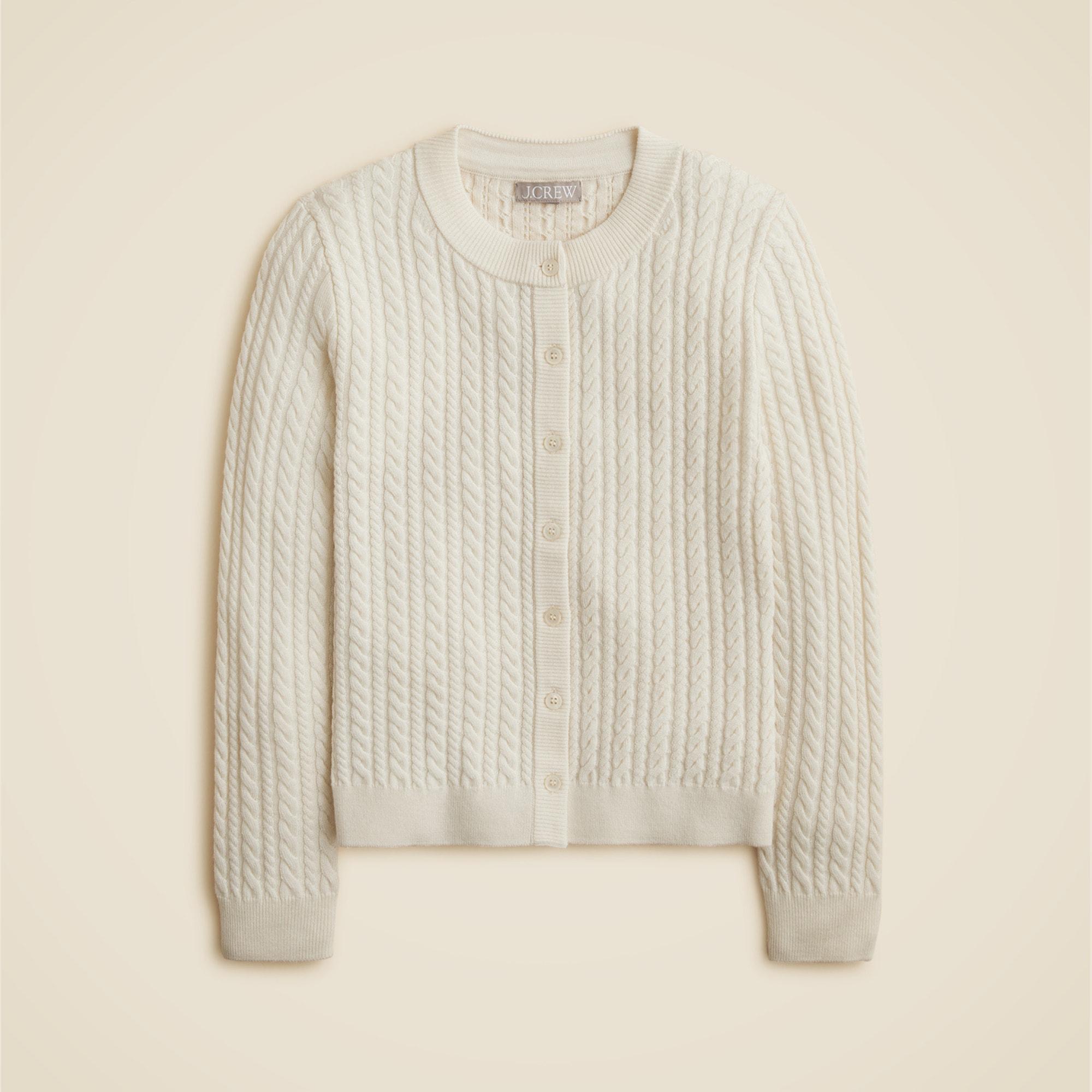 Cable-knit crewneck cardigan in merino wool Product Image