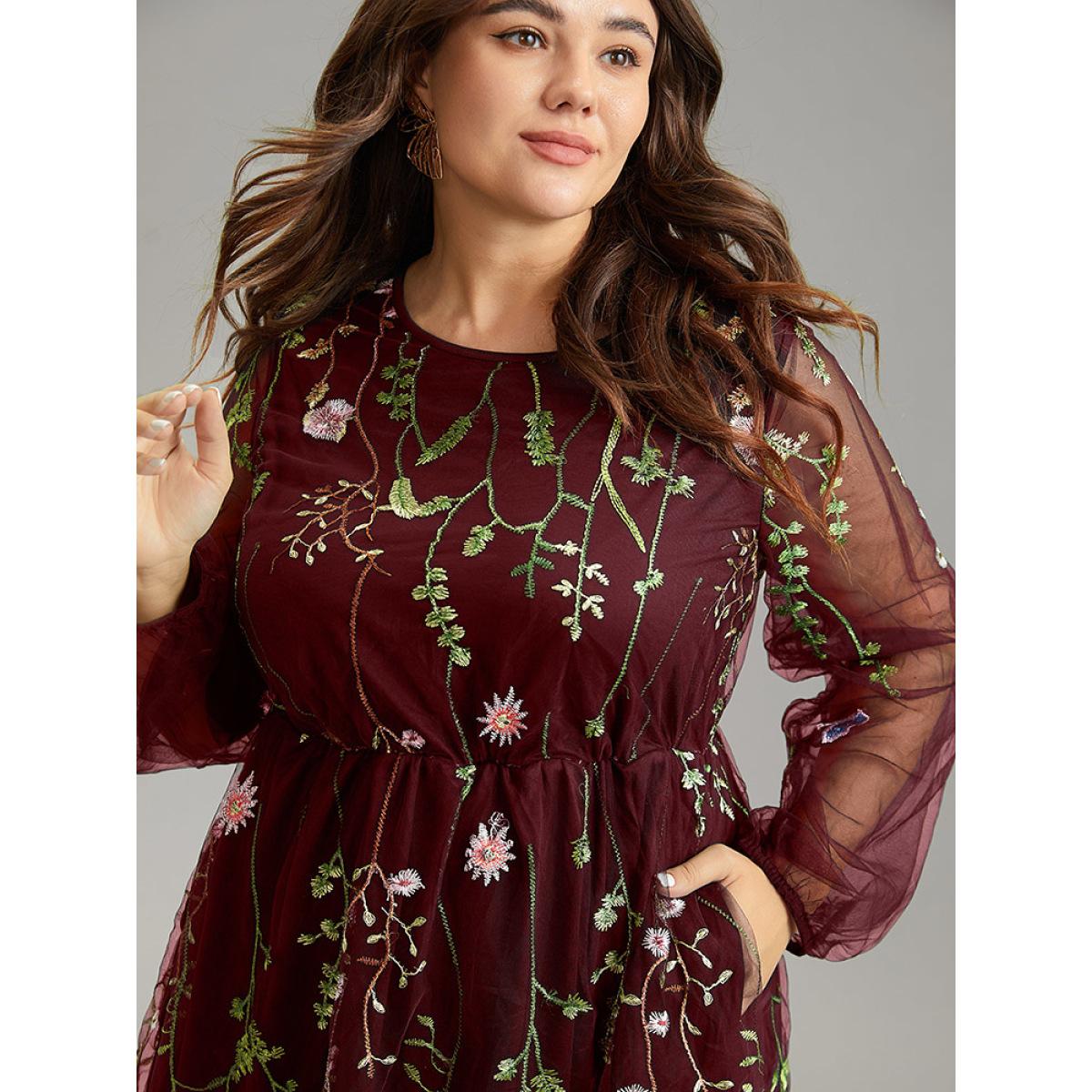 Plus Size Floral Embroidered Mesh Pocket Lantern Sleeve Dress Burgundy Women Cocktail Elastic cuffs Round Neck Long Sleeve Curvy Midi Dress BloomChic 28/5X Product Image