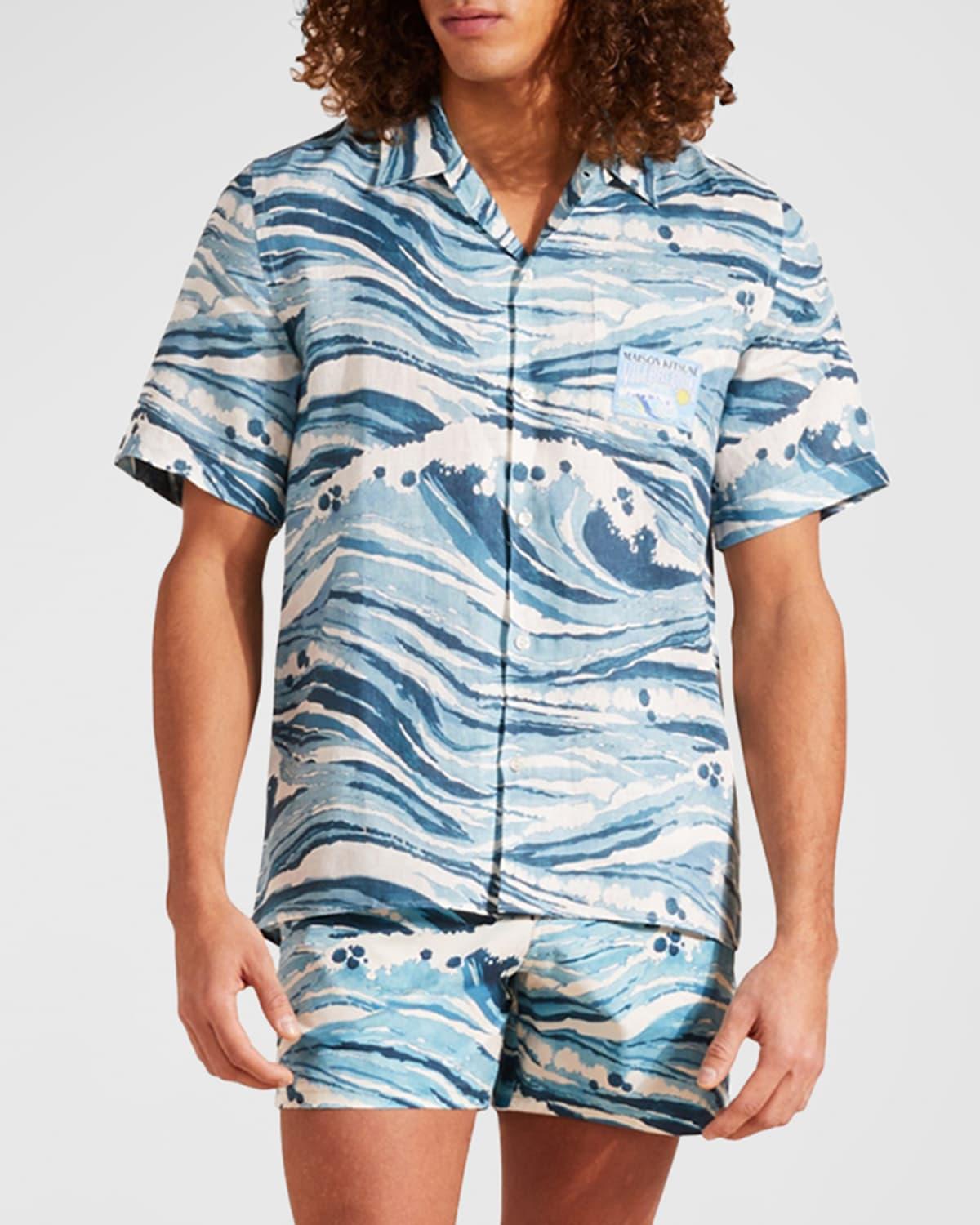 x Maison Kitsune Mens Wave Linen Shirt Product Image