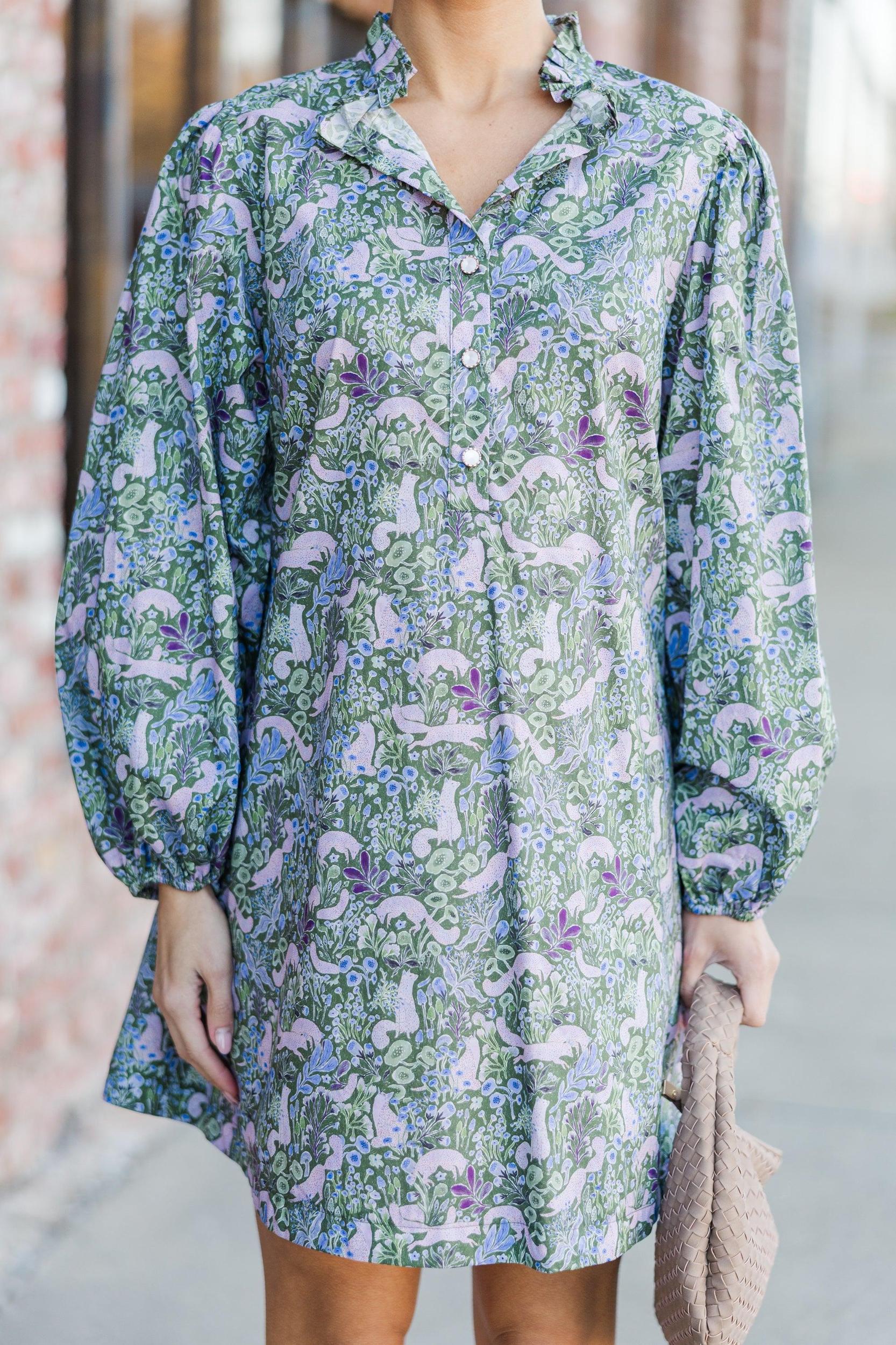 Under The Stars Green Floral Balloon Sleeve Dress Female Product Image