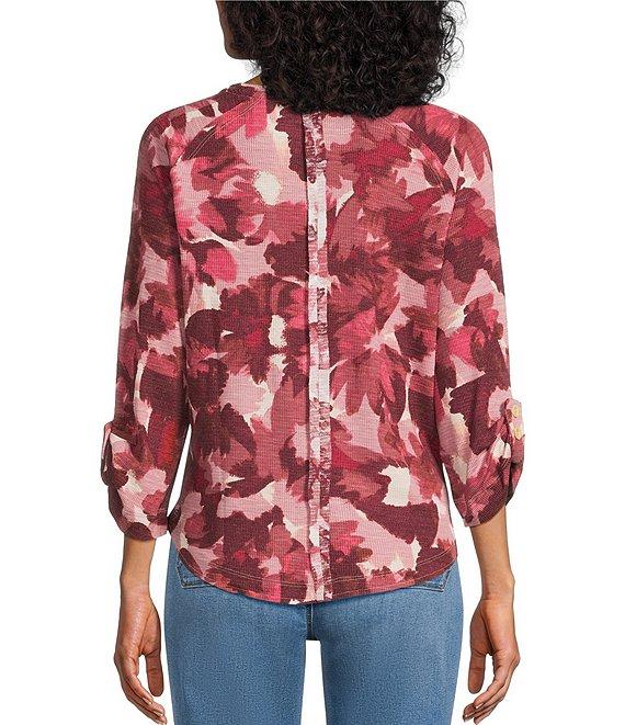 Westbound Petite Size Knit Fest Fuchsia Abstract Foliage 3/4 Bell Sleeve V-Neck Top Product Image