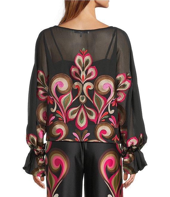 Trina Turk Coordinating Soho Embroidered Print Boat Neck Long Balloon Sleeve Blouse Product Image