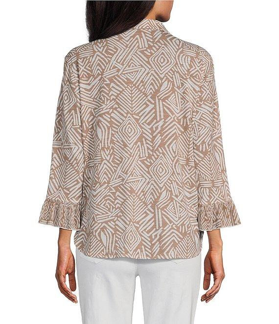 Multiples Slub Knit Georgette Printed Collared V-Neck 3/4 Sleeve Top Product Image