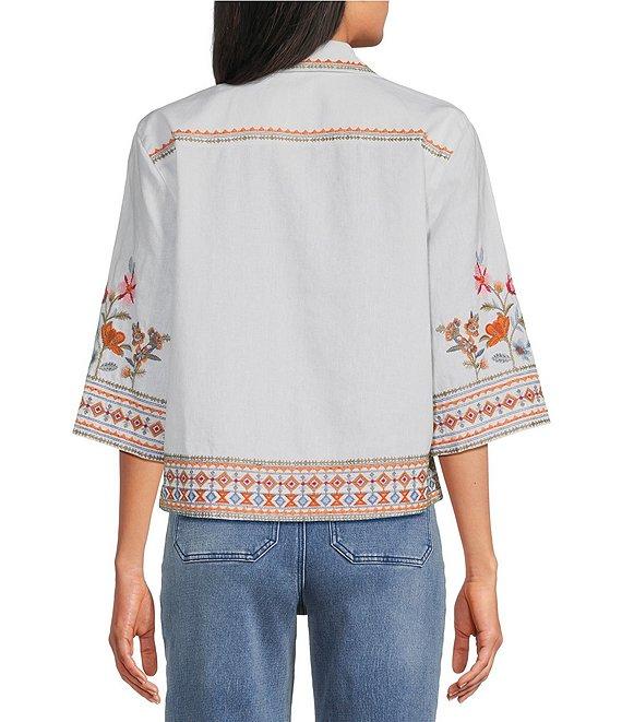 John Mark Petite Size Linen Blend Embroidered Floral Point Collar Short Sleeve Button Front Blouse Product Image