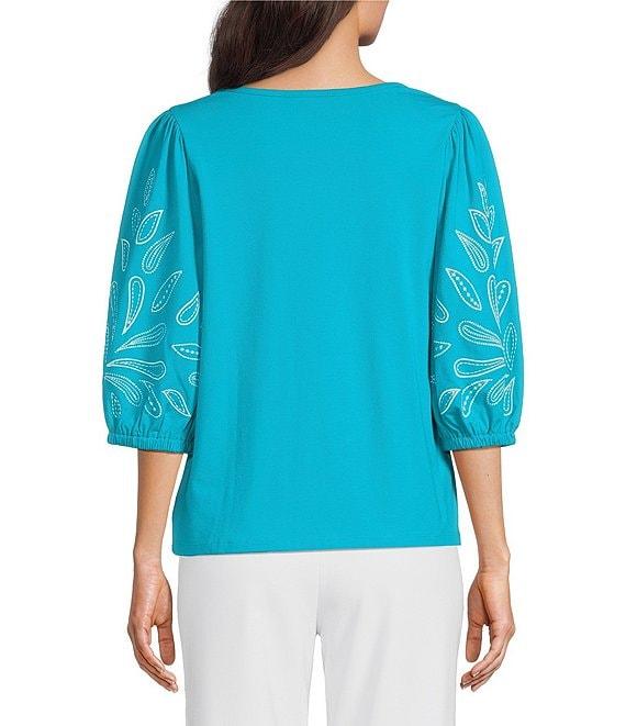 Investments Petite Size Elbow Sleeve Embroidery V-Neck Knit Top Product Image