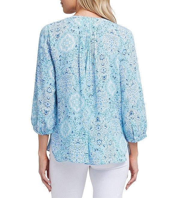 NYDJ Woven Printed Split V-Neck Button Front 3/4 Sleeve Blouse Product Image