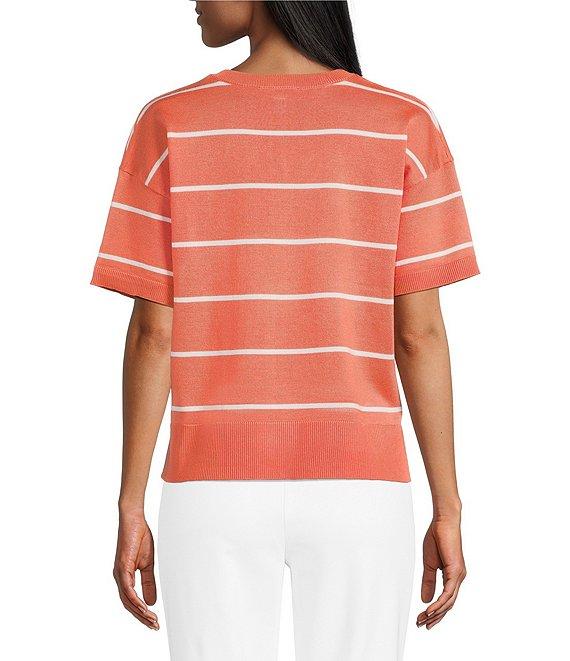 Investments Striped 3/4 Sleeve V-Neck Ribbed Trim Sweater Product Image