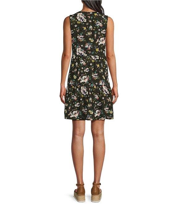 Westbound Olive Floral Double Tassel Tie Front V-Neck Tiered Sleeveless A-Line Dress Product Image