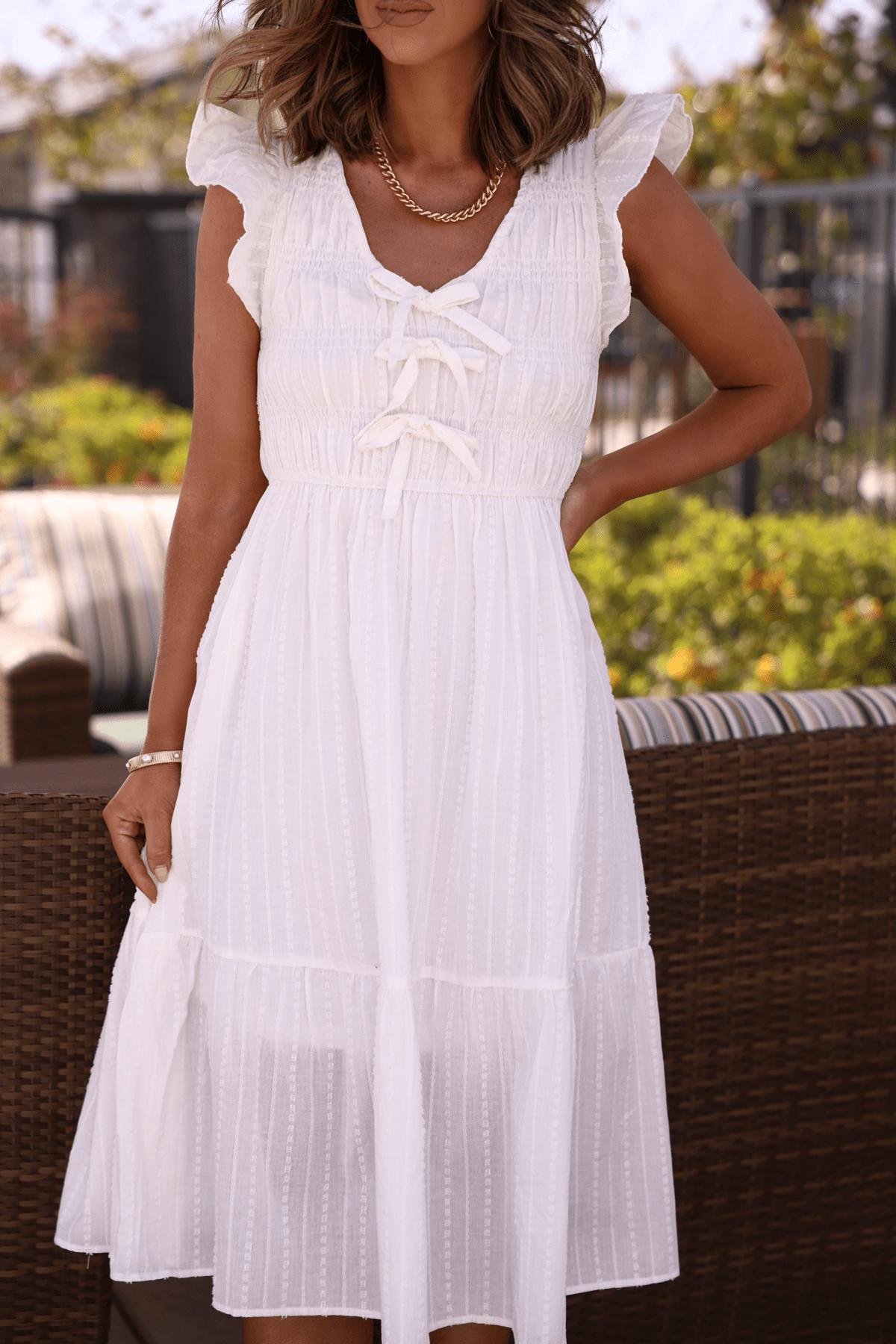 White Graceful Tie Tiered Midi Dress - FINAL SALE Female Product Image