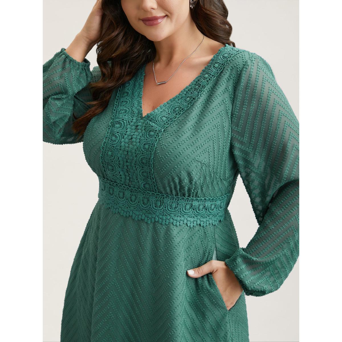 Plus Size Sheer Textured Lace Detail Pockets Midi Dress Teal Women Elegant Woven ribbon&lace trim V-neck Long Sleeve Curvy BloomChic 30/6X Product Image