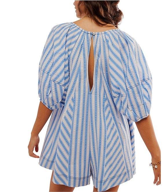 Free People Bop Around Stripe Print Scoop Neckline 3/4 Sleeve Romper Product Image