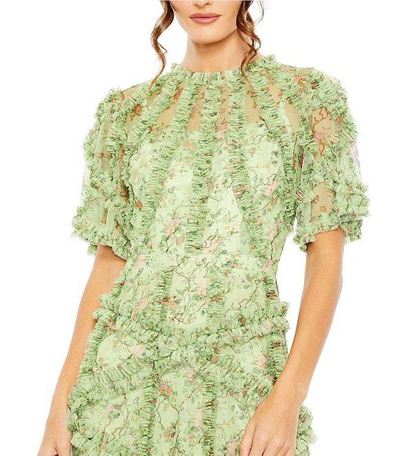 Mac Duggal Floral Print Ruffle Embellished Short Flutter Sleeve Crew Neck Midi Dress Product Image