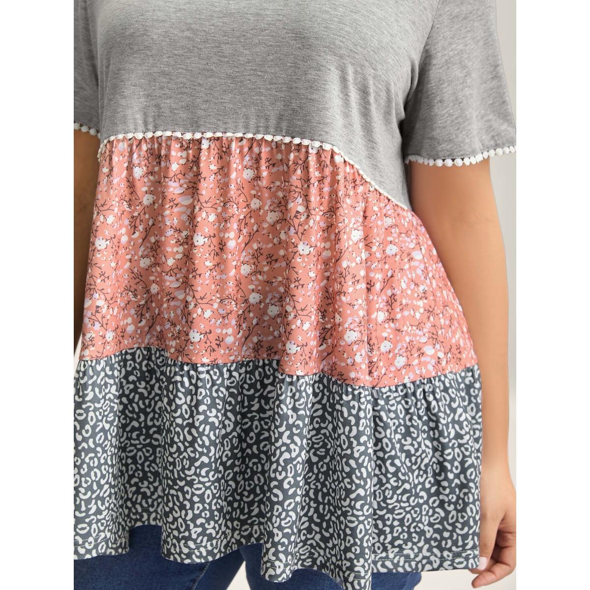 Plus Size Ditsy Floral Print Patchwork Layered T-Shirt Multicolor Women Leisure Woven ribbon&lace trim Natural Flowers Round Neck Casual T-shirts BloomChic 14-16/1X Product Image