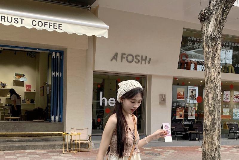 Spaghetti Strap Plaid Panel Tiered Midi A-Line Dress / Crochet Cardigan Product Image