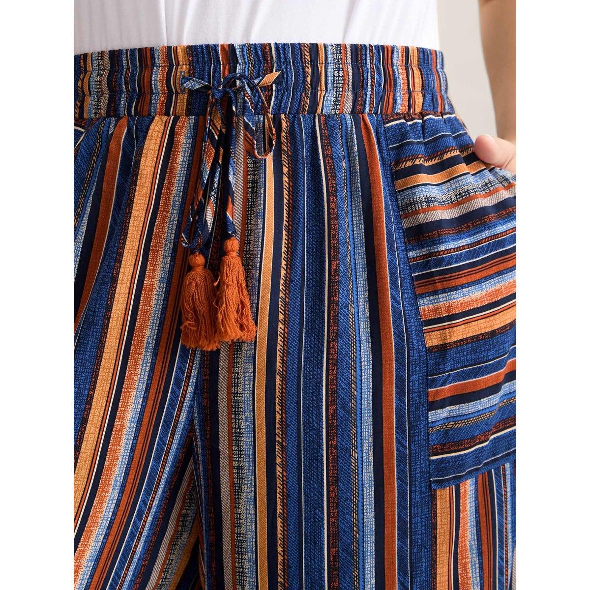 Plus Size Boho Stripes Drawstring Wide-Leg Pants Women Multicolor Boho Wide Leg Mid Rise Vacation Pants BloomChic 26/4X Product Image