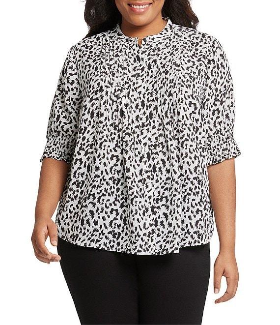 NYDJ Plus Size Printed Pleated 3/4 Smocked Cuff Sleeve Half-Button Front Blouse Product Image