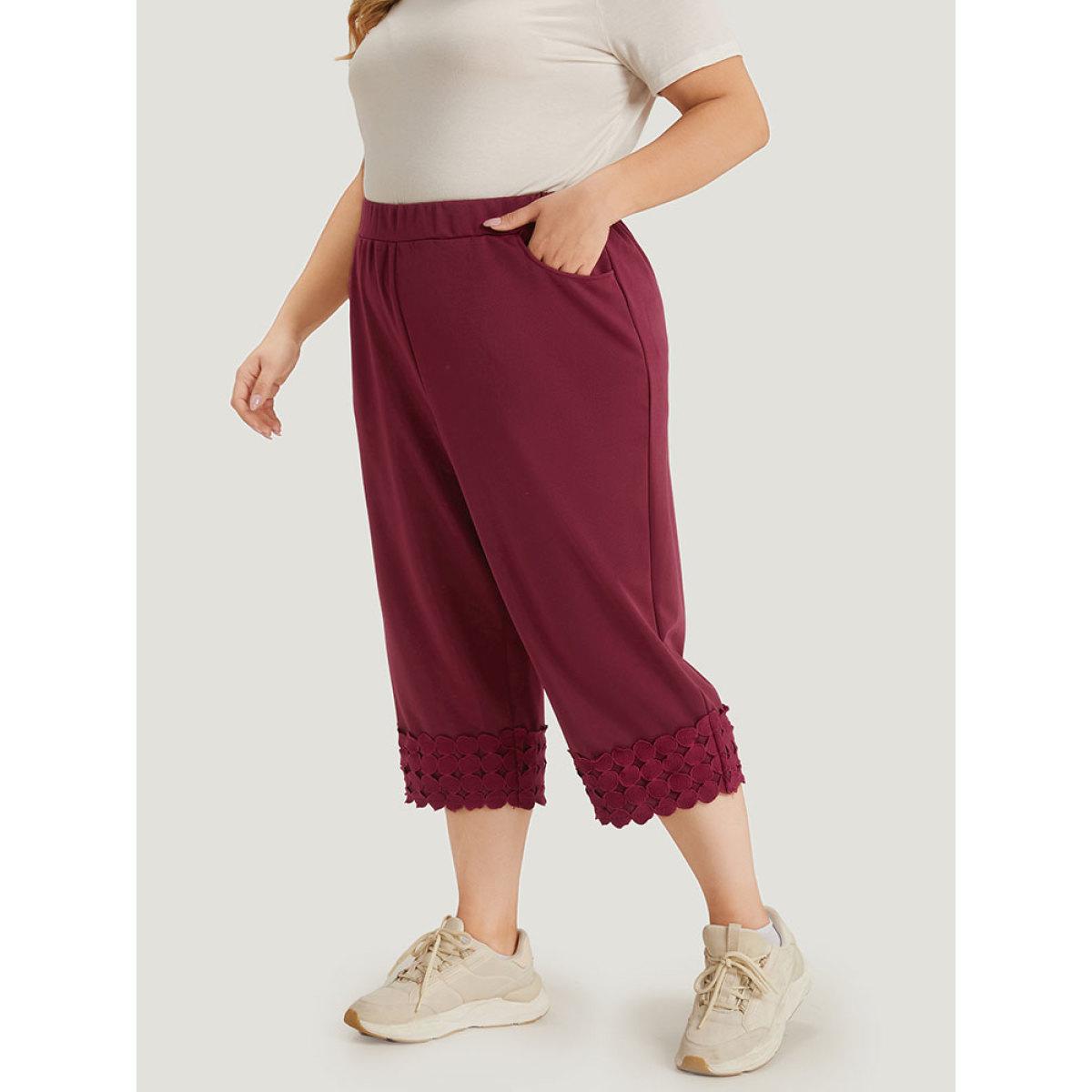 Plus Size Plain Pocket Elastic Waist Trim Hem Pants Women Burgundy Casual High Rise Dailywear Pants BloomChic 18-20/2X Product Image