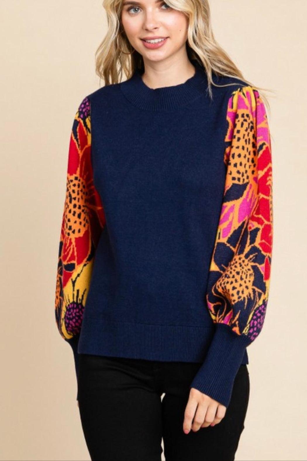 Navy Floral Balloon Sleeve Sweater Product Image