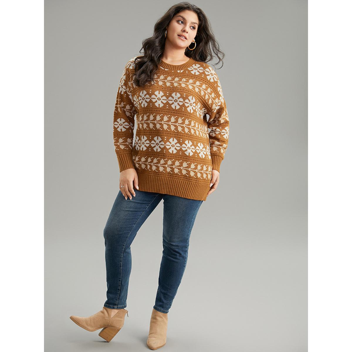 Plus Size Supersoft Essentials Anti-Pilling Geo Print Elastic Cuffs Pullover Chocolate Women Casual Loose Long Sleeve Round Neck Dailywear Pullovers BloomChic 10/M Product Image