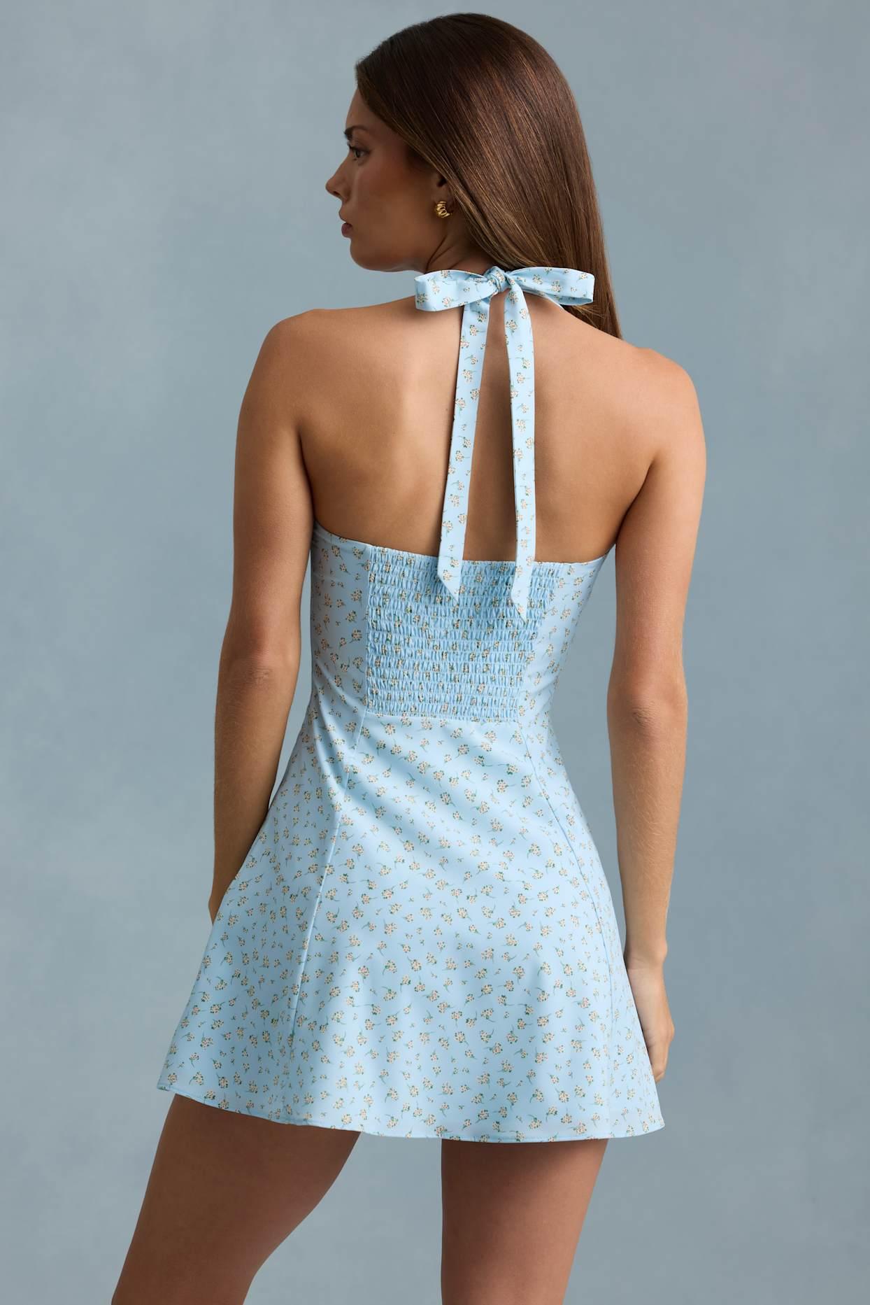 Halterneck A-Line Mini Dress in Blue Flower Print Product Image