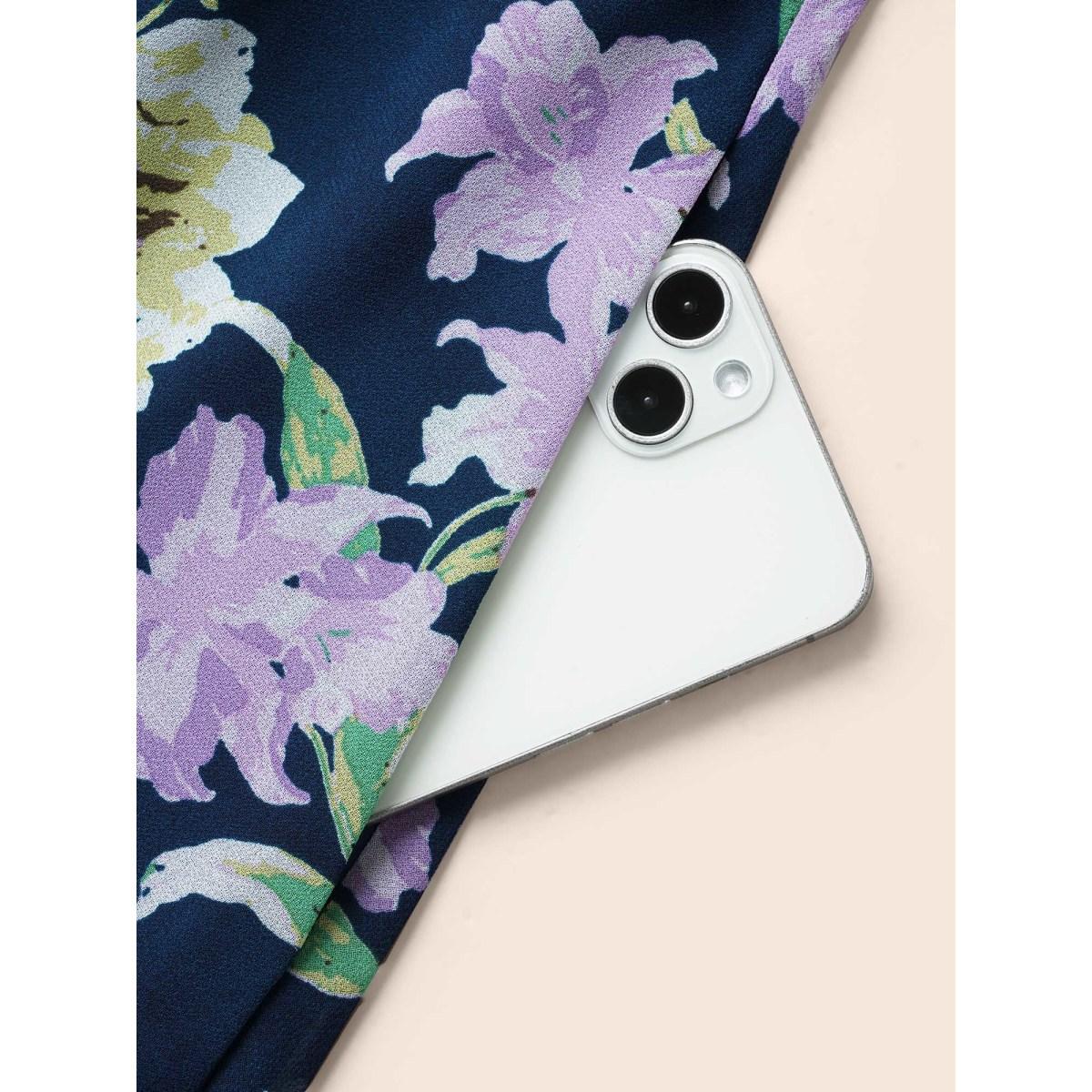 Plus Size Floral Mock Neck Asymmetrical Hem Dress DarkBlue Women Elegant Belted Mock Neck Sleeveless Curvy BloomChic 30/6X Product Image