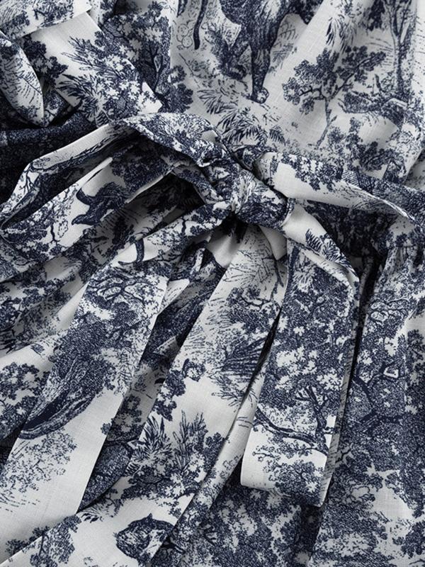 Loose Puff Sleeves Pleated Printed Split-Joint Tied Waist Lapel Mini Dresses Shirt Dress Product Image