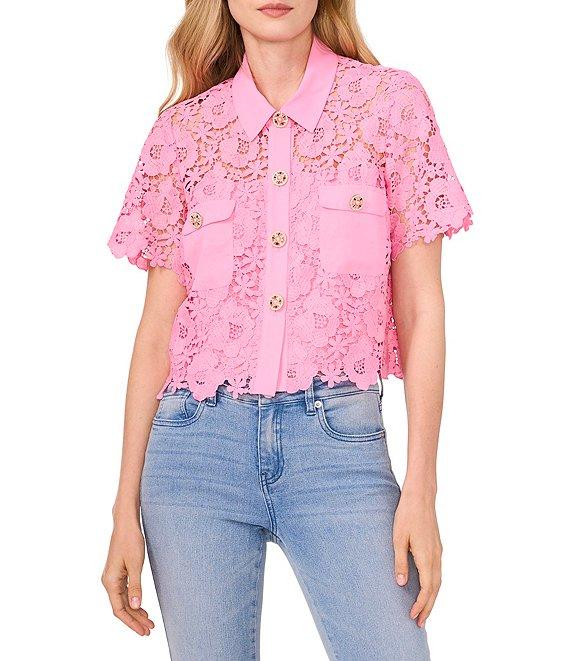 CeCe Lace Collared Short Sleeve Patch Pocket Button Front Top Product Image
