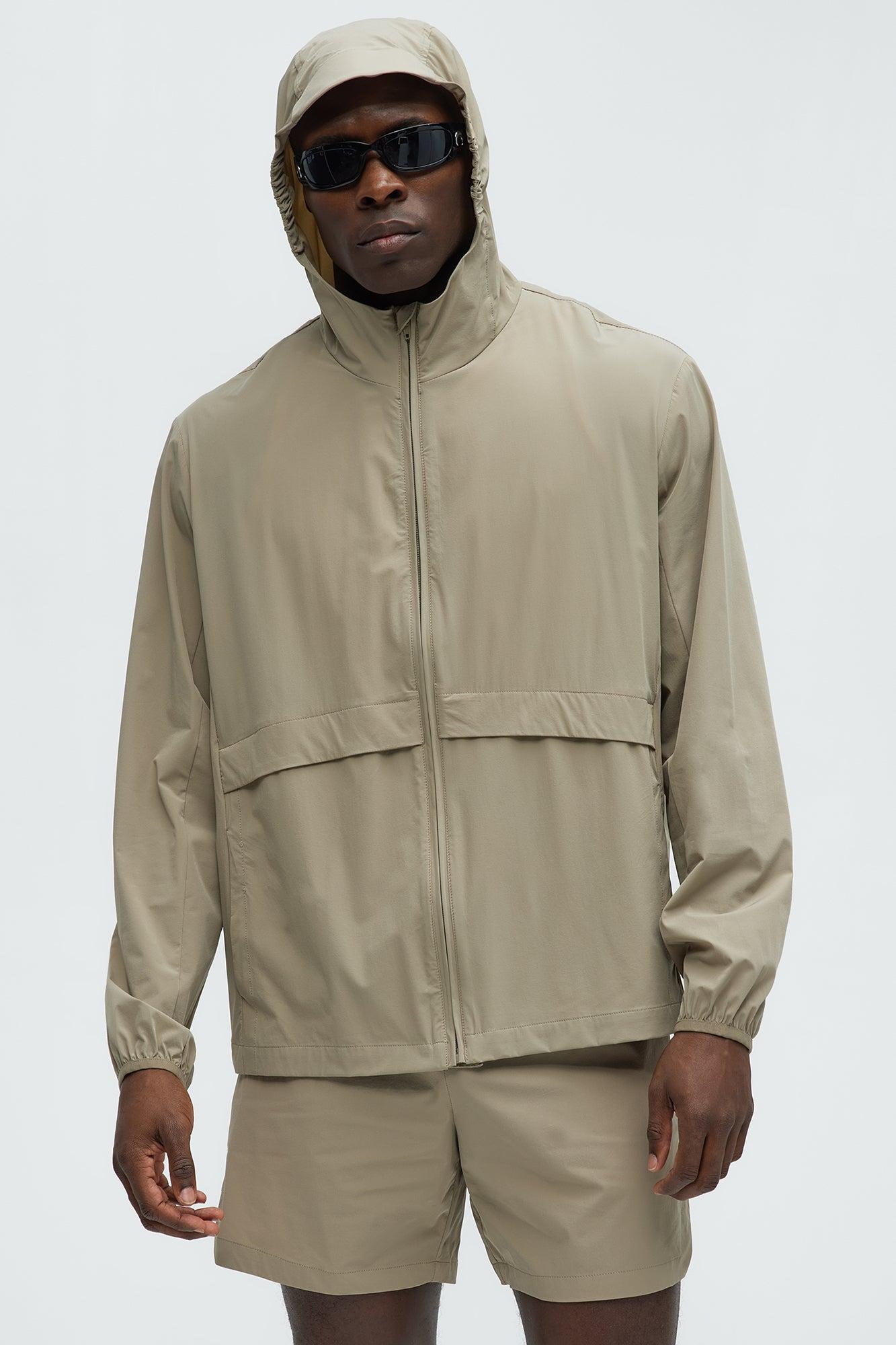 Lightweight Stretch Hooded Running Windbreaker Jacket - Taupe Product Image