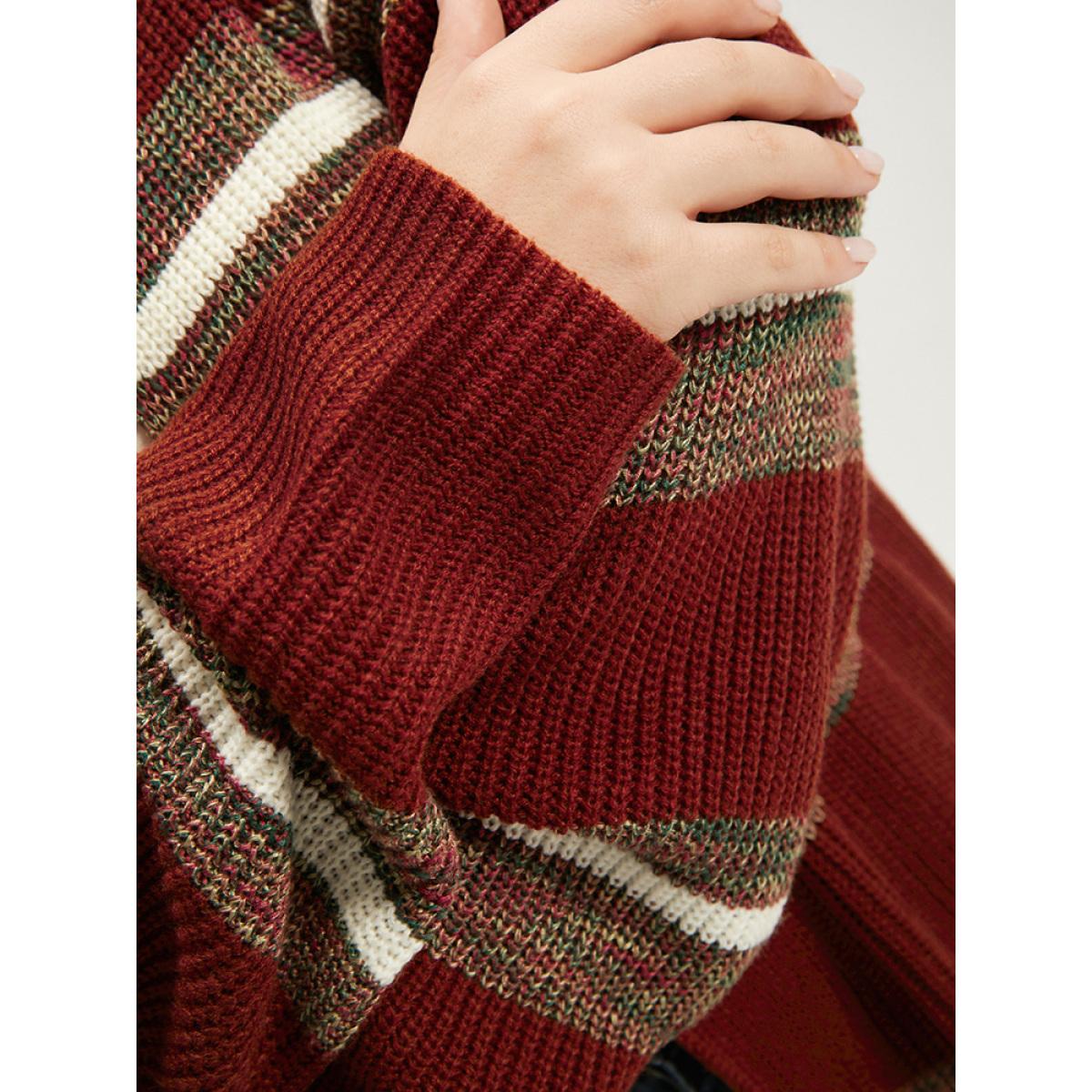 Plus Size Striped Contrast Pointelle Knit Open Front Heather Cardigan Burgundy Women Casual Loose Long Sleeve Dailywear Cardigans BloomChic 26/4X Product Image