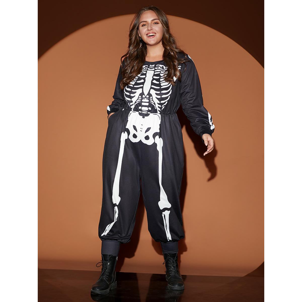 Plus Size Black Halloween Skull Print Round Neck Pocket Jumpsuit Women Casual Long Sleeve Round Neck Festival-Halloween Loose Jumpsuits BloomChic 14-16/1X Product Image