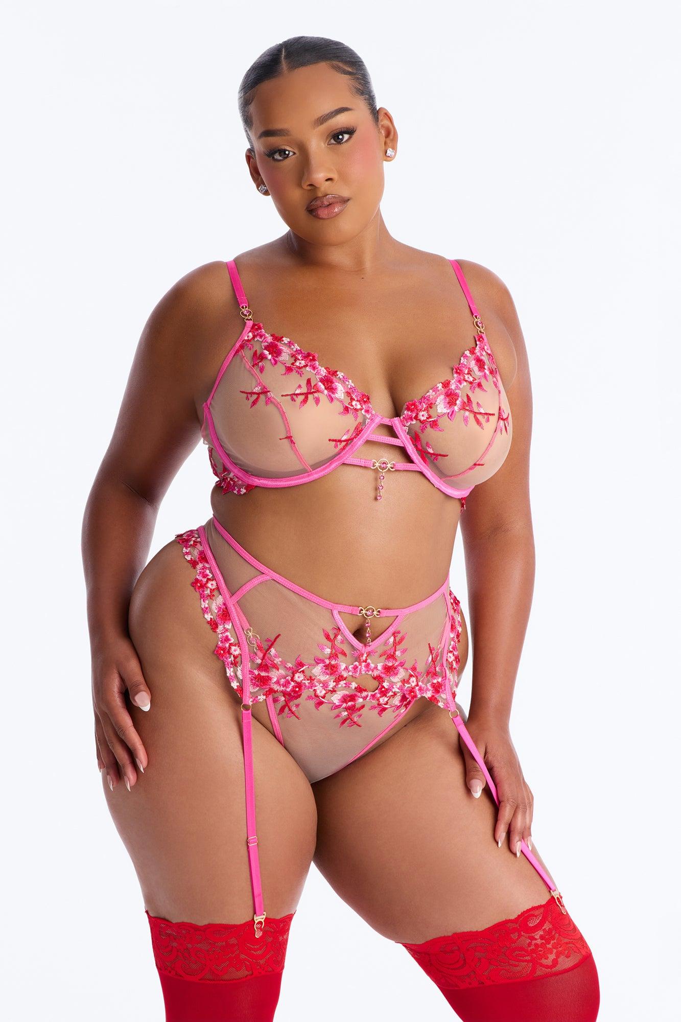Amara Mesh Embroidered 3 Piece Bra And Panty Garter Set - Fuchsia Female Product Image