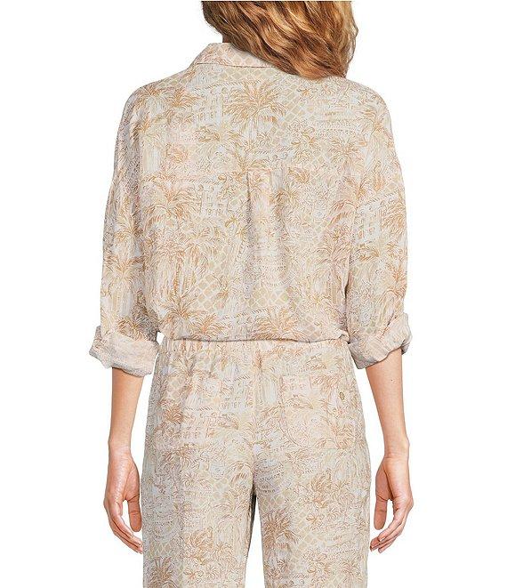 Lilly Pulitzer Stevey Relax Woven Linen Sand Bar Palm Beach Print Point Collar Long Sleeve Button Down Coordinating Shirt Product Image