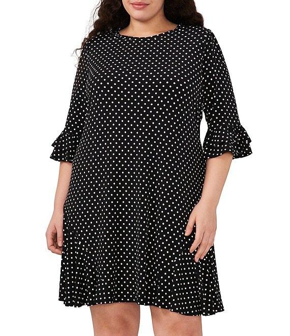 CeCe Plus Size Dotted Print Crew Neck 3/4 Sleeve Ruffled Hem Knit Shift Dress Product Image