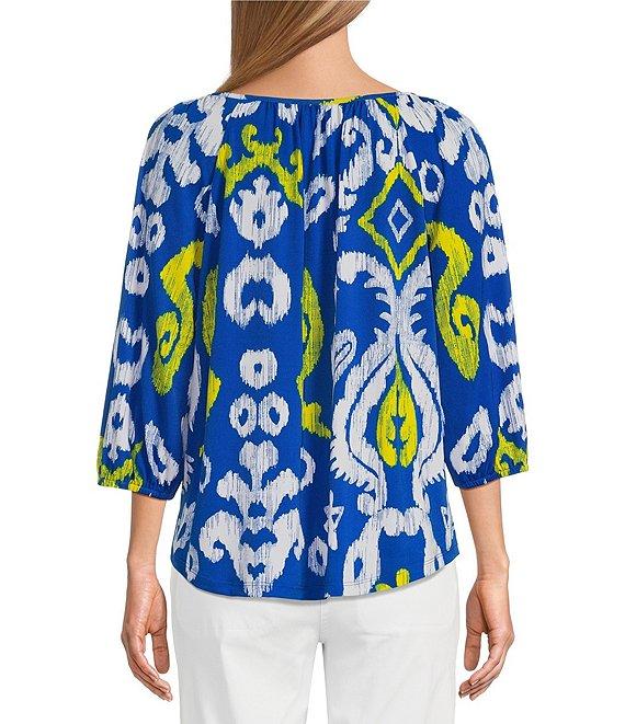 Multiples Petite Size Knit Printed Tie Detail Split Neckline 3/4 Sleeve Peasant Top Product Image