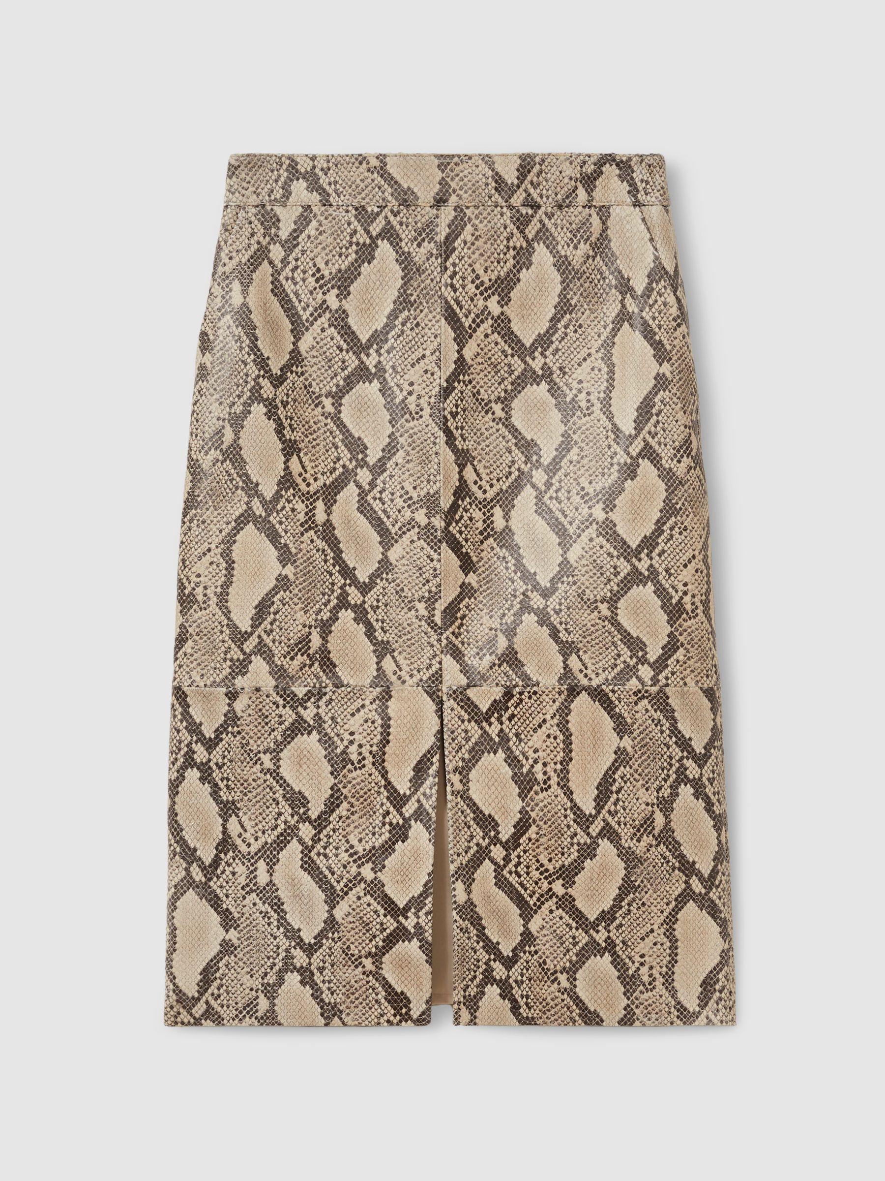 Leather Snakeskin-Effect Pencil Skirt in Neutral Product Image