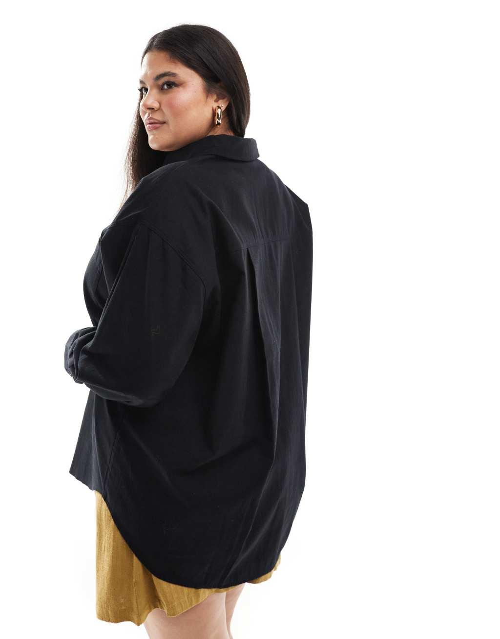 ASOS DESIGN Curve linen blend oversized shirt in black Product Image