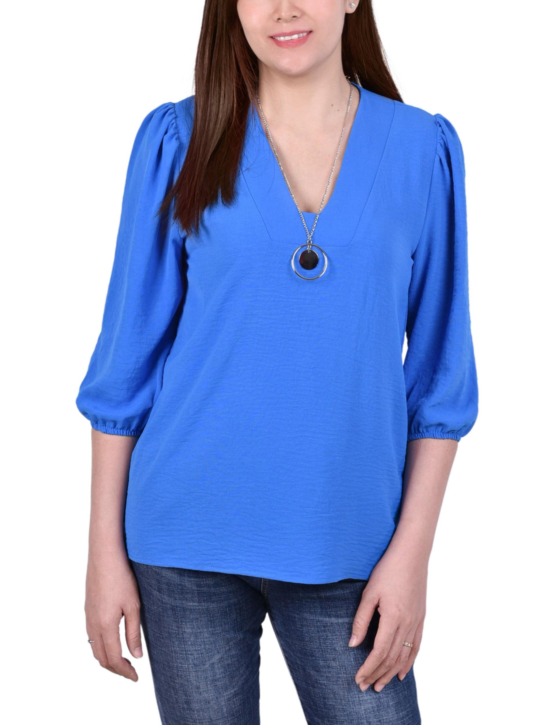 Blue 3/4 Sleeve Blouse With Necklace - Petite Product Image