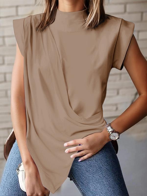 Loose Sleeveless Asymmetric Pleated Solid Color Split-Joint Mock Neck T-Shirts Tops Product Image