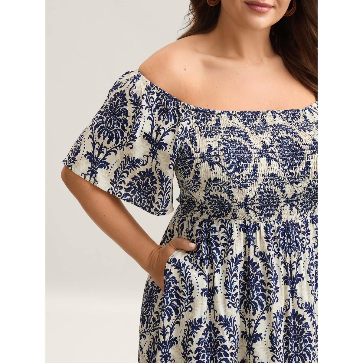 Plus Size Bandana Print Shirred Off Shoulder Dress DarkBlue Women Resort Non One-shoulder neck Short sleeve Curvy Midi Dress BloomChic 18-20/2X Product Image