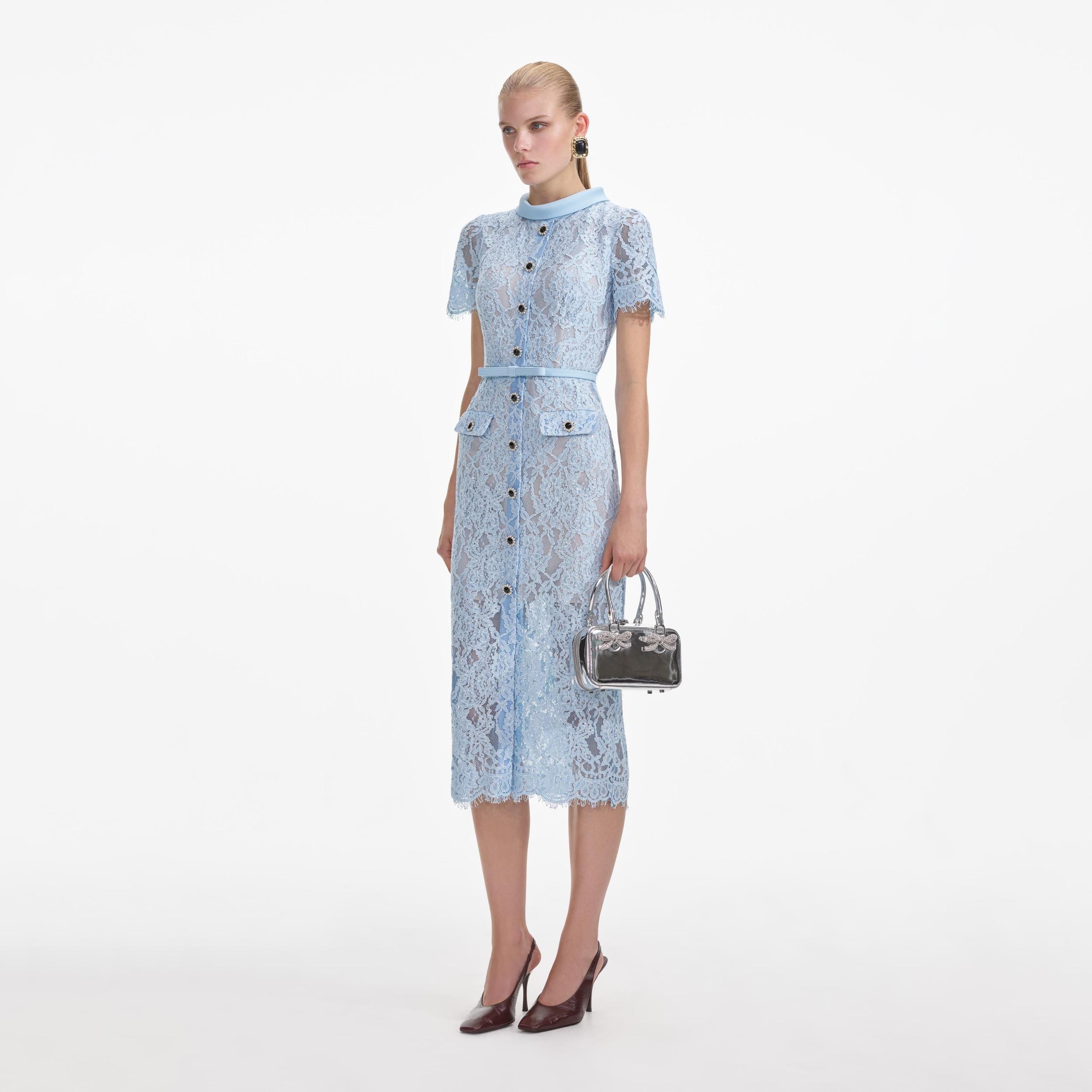 Blue Lace Button Midi Dress Product Image